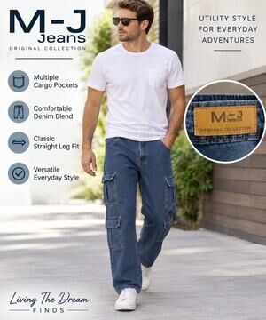 M J Jeans Men’s Size 34 Blue Denim Cargo Jeans Multi Pocket Straight Leg